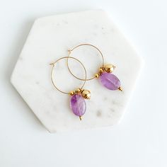 Amethyst Drop Earrings Hoops With Charms, Gemstone Hoop Earrings, Earrings Hoops, Gold Filled Earrings, February Birthstone, Solid Gold Jewelry