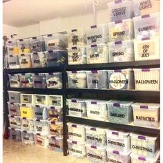 the shelves are filled with many different types of containers and bins for halloween decorations