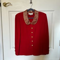 Knit Jacket, In Wonderful Condition Vintage St John Knit, Red Evening Blazer For Fall, Red Long Sleeve Outerwear For Evening, Red Long Sleeve Evening Outerwear, Red Evening Blazer For Winter, Classic Red Outerwear For Evening, Classic Red Evening Outerwear, Coats Vintage, Knit Jacket