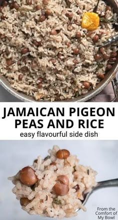 two pictures with different types of rice and beans in them, one has an orange on top