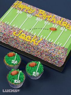 a football field cake and cupcakes with sprinkles