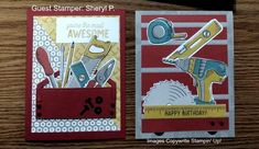 two handmade greeting cards, one with scissors and the other has a ruler on it