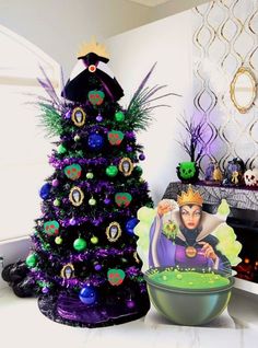 a decorated christmas tree next to a purple and green holiday tree with an evil queen ornament