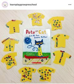 the pete the cat book is surrounded by cut out pieces of paper and button holes