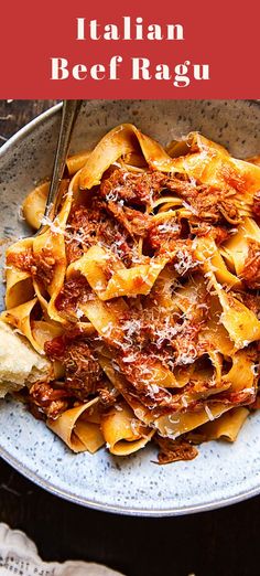 a plate full of pasta with meat ragu on it and the words italian beef ragu above it