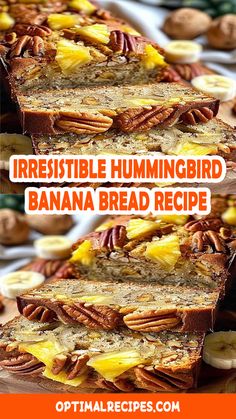 there are two slices of bread with bananas on it and the words irresistiblee hummingbird banana bread recipe