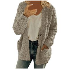 Women Casual Plus Size Plush Sweater Pockets Outerwear Buttons Cardigan Coat Season:Spring/Autumn/Winter Gender: Women Occasion:Casual,Fashion Material:polyester Pattern Type:Solid Sleeve Length:Long Thickness:Standard Package include:1 PC Women Coat Material:100%polyester. soft Knitted, lightweight, skin-friendly ,very comfort to wear.Perfect Jacket Overcoat Outwear Cardigan. Features:Special fabric printing, colorful rainbow, 2020 fashion front, Casual loose fitting and elegant, Flattering, delightful top. Ocassions: This trench coat is perfect for spring,autumn, winter. Warm and comfy, Well matched with all apparels. Please compare the detail sizes with yours before you buy!!! Size: 3XL.  Color: Gray.  Gender: female.  Age Group: adult. Winter 2023 2024 Fashion Trends, 2023 2024 Fashion Trends, Fashion For Plus Size Women, Fashion For Plus Size, Womens Sweater Coats, Fall Winter 2023 2024, Fur Jacket Women, 2024 Fashion Trends, Plush Coat