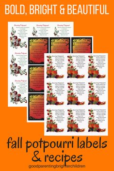 the fall potpour labels and recipe cards are shown in red, orange, and green