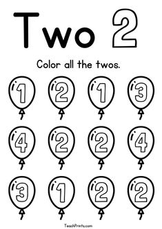 two balloons with numbers on them and the number two coloring page for kids to color