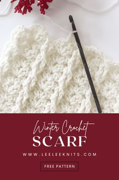 a crocheted scarf with the words winter craft scarr written in red and white