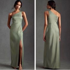 two pictures of a woman in a dress with one side slit open and the other side split