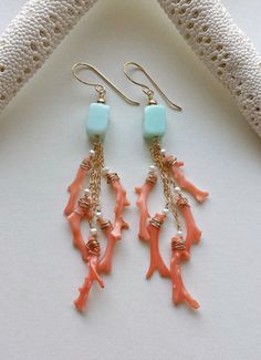 Peach Aqua Dangle Earrings Peruvian Opal by BellaAnelaJewelry Coral Jewelry Gift With Ear Wire, Coral Jewelry With Ear Wire For Gift, Coral Dangle Jewelry For Gifts, Gift Coral Jewelry With Matching Earrings, Coral Dangle Earrings, Handmade Coral Drop Earrings, Handmade Coral Dangle Jewelry, Coral Earrings With Ear Wire As Gift, Handmade Coral Earrings For Gifts