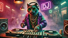 a cat dj mixing music on top of a turntable