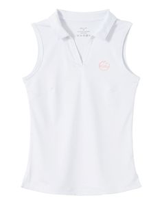 a women's white sleeveless polo shirt