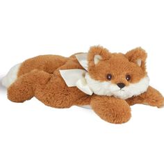 a stuffed fox laying on its side with a bow around it's neck and eyes