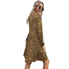 Brown Leopard Print Ruffled Hem Long Sleeve Dress Fall Midi Mini Dress With Ruffle Hem, Knee-length Midi Dress With Ruffle Hem For Fall, Fall Knee-length Midi Dress With Ruffle Hem, Fall Midi Dress With Ruffles For Day Out, Yellow Midi Dress With Ruffles For Fall, Yellow Ruffled Midi Dress For Fall, Fall Yellow Midi Dress With Ruffles, Women Dresses Casual, Full Sleeves Dress