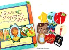 the jesus storybook bible is next to several felt ornaments and a book with an image of jesus on it