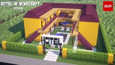 a minecraft house is shown with the words hotel in it's front yard