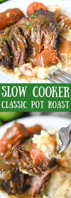 slow cooker pot roast recipe on a plate with mashed potatoes and carrots