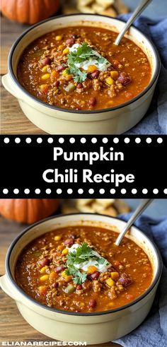 two bowls filled with pumpkin chili and topped with sour cream