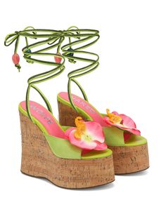 Sunflower Green Kid Suede Flower Platform Heels, Pink And Green Clothes, Pink And Green Outfits, Green And Pink Outfit, Red Platform Sandals, Wedged Heel, Beaded Tie, Naked Wolfe, Flower Heels