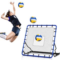 a woman jumping in the air to catch a ball with her racket and volley ball