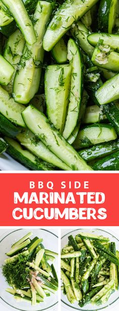 the steps to making marinated cucumbers are shown in three different pictures and then on separate plates