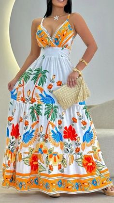 Dreaming of a fun, flirty summer look? This tropical print maxi dress is a total must-have!  The bold floral pattern and vibrant colors are so eye-catching, while the ruched v-neck and sleeveless keeps things cool and breezy.  Whether I'm strolling the beach or sipping cocktails, this dress has me feeling fabulous.  Is this the perfect addition to your warm-weather wardrobe?  #SummerFashion #MaxiDress #FlowerPrint #TropicalVibes #FeminineStyling #StyleInspo #FashionDream #TropicalDressToImpress Chubby Baddie, Vacation Clothing, High Waist Maxi Dress, Outfits Vacation, Outfits Everyday, Long Formal Gowns, Flowy Design, Fashion Goals, Cold Spring