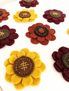 felt flowers arranged in different colors and sizes on a white surface with chinese characters written across the petals