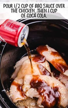 the sauce is being poured into the slow cooker to make baked chicken in the crock pot