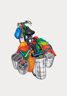 a drawing of a bicycle with many items on it's back tire and seat