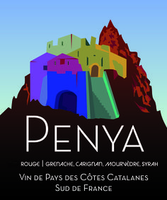 a poster with the words penya in french and an image of a castle on top of a mountain