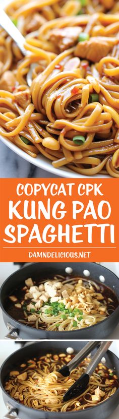 an image of some food in pans with the title copycatok king pao spaghetti