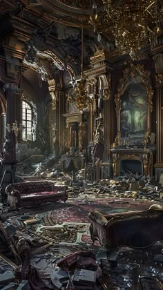 a very large room filled with lots of furniture and debris on the floor in front of a fire place