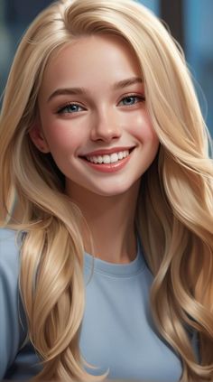 a digital painting of a blonde girl with blue eyes and long hair smiling at the camera