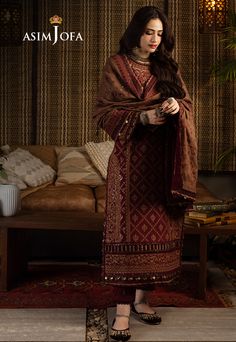 Asim Jofa AJKT-06 Kashmiri Taanka Embroidered Shawl Collection Traditional Long Sleeve Palazzo Set With Intricate Embroidery, Unstitched Brown Sets With Dupatta, Traditional Embroidered Palazzo Set For Ceremonies, Unstitched Chikankari Embroidery Palazzo Set For Traditional Ceremonies, Brown Sets With Dupatta For Eid, Brown Eid Set With Dupatta, Brown Dupatta Set For Eid, Brown Eid Dress Set With Dupatta, Embroidered Palazzo Set For Traditional Ceremonies