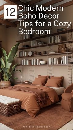 a bed room with a neatly made bed next to a book shelf filled with books