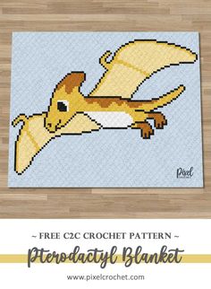 a cross stitch pattern of a yellow and brown bird flying through the air with its wings spread