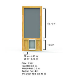 an image of a dog door with measurements for the size and width in front of it