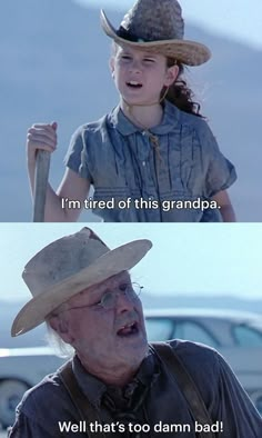 an old man with a hat and glasses holding a baseball bat in his hand, while another woman holds a cane