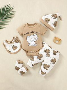 Newborn Baby Boy 5pcs/Set Summer Cute Elephant Printed Knitted Short Sleeve Bodysuit And Pants & Hat & Bibs & Gloves Apricot   Short Sleeve Polyester Animal,Cartoon,Letter,All Over Print  Slight Stretch  Newborn Baby Clothing, size features are:Bust: ,Length: ,Sleeve Length: New Born Baby Clothes For Boy, Baby Boy Summer, Newborn Boy Clothes, Baby Boy Clothes Newborn, Boys Stripes, Boys Summer Outfits, Cute Elephant