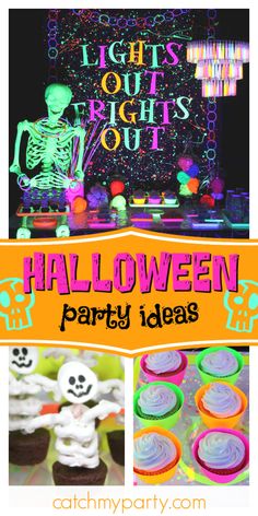 halloween party ideas with cupcakes, skeleton decorations and lights in the dark background