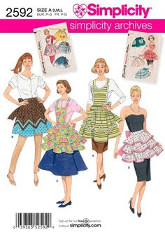 three women wearing aprons and dresses in different styles, with the words simplity archives