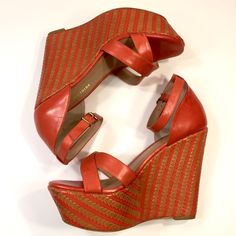 Lux Woven Leather Details Give This Sky High Wedge A Stylish Boost. Worn Once To Try On; New In Box. Includes Dust Bag. Noted As Red, But Color Leans A Little Orange. Contrast Tan Leather In Heel. Heel Height: 5" Back, 1 1/2" Front. Leather Upper/Heel Wrapping, Man Made Balance. Red High Heel Synthetic Wedge Sandals, High Heel Synthetic Wedge Sandals With Red Sole, Red Wedge Sandals With Platform And Round Toe, Red Platform Wedge Sandals With Round Toe, Spring Wedge Sandals With Red Sole, Red Synthetic Closed Toe Wedge Sandals, Red Closed Toe Synthetic Wedge Sandals, Chic Wedge Sandals With Red Sole And Round Toe, Red Closed Toe Wedge Sandals For Spring