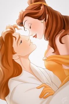 an animated image of a woman kissing a man's face with long brown hair