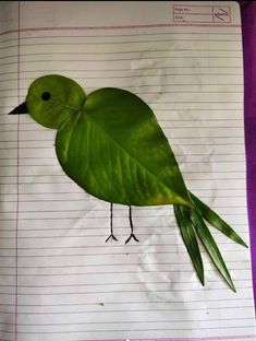 a drawing of a green bird on lined paper