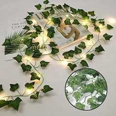 ivy vines with led lights are on the table next to a book and glass plate