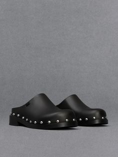 Black Leather Studded Clogs - CHARLES & KEITH US Black Studded Mules With Round Toe, Black Leather Studded Mules, Black Clogs With Studded Rubber Outsoles And Round Toe, Studded Clogs, Urban Shoes, Charles Keith, Low Block Heels, Leather Clogs, Belt Size