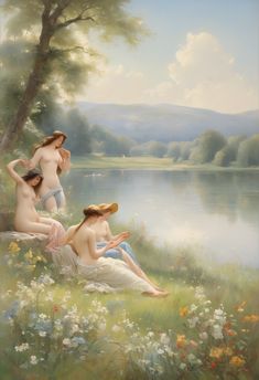 three nude women sitting on the grass by a lake with flowers in front of them