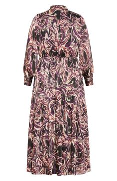 A vivid allover print emboldens this smooth maxi designed with a drapey neck tie and a defined waist. 53" length Ties at neck Long sleeves Lined 100% polyester Machine wash, dry flat Imported Elegant Printed Viscose Maxi Dress, Elegant Multicolor Paisley Print Dress, Elegant Paisley Print Dress For Work, Spring Workwear Dresses With Paisley Print, Elegant Multicolor Viscose Midi Dress, Maxi Design, Defined Waist, Vintage Paisley, Vintage Maxi Dress